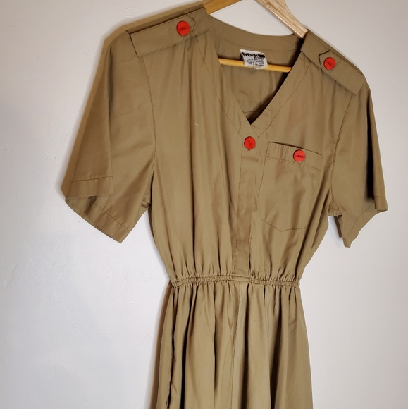 Revolution Muse Army-Influenced Dress with Pocket, Gathered Waist & Red Buttons - Picture 6 of 16